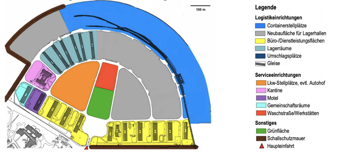 Lageplan eines Logistikzentrums mit Containerstellplätzen, Lagerhallen, Serviceeinrichtungen, Gleisen und Hauptzufahrt.